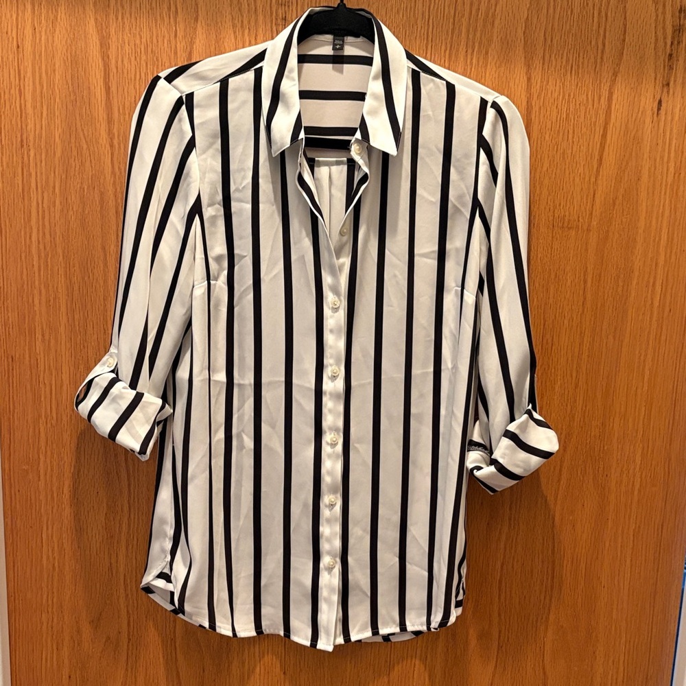 Express White Blouse with Black Vertical Stripes